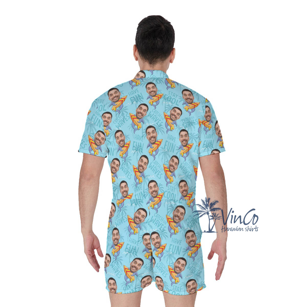 Funny Surfing Shark Custom Face Hawaiian Romper For Men