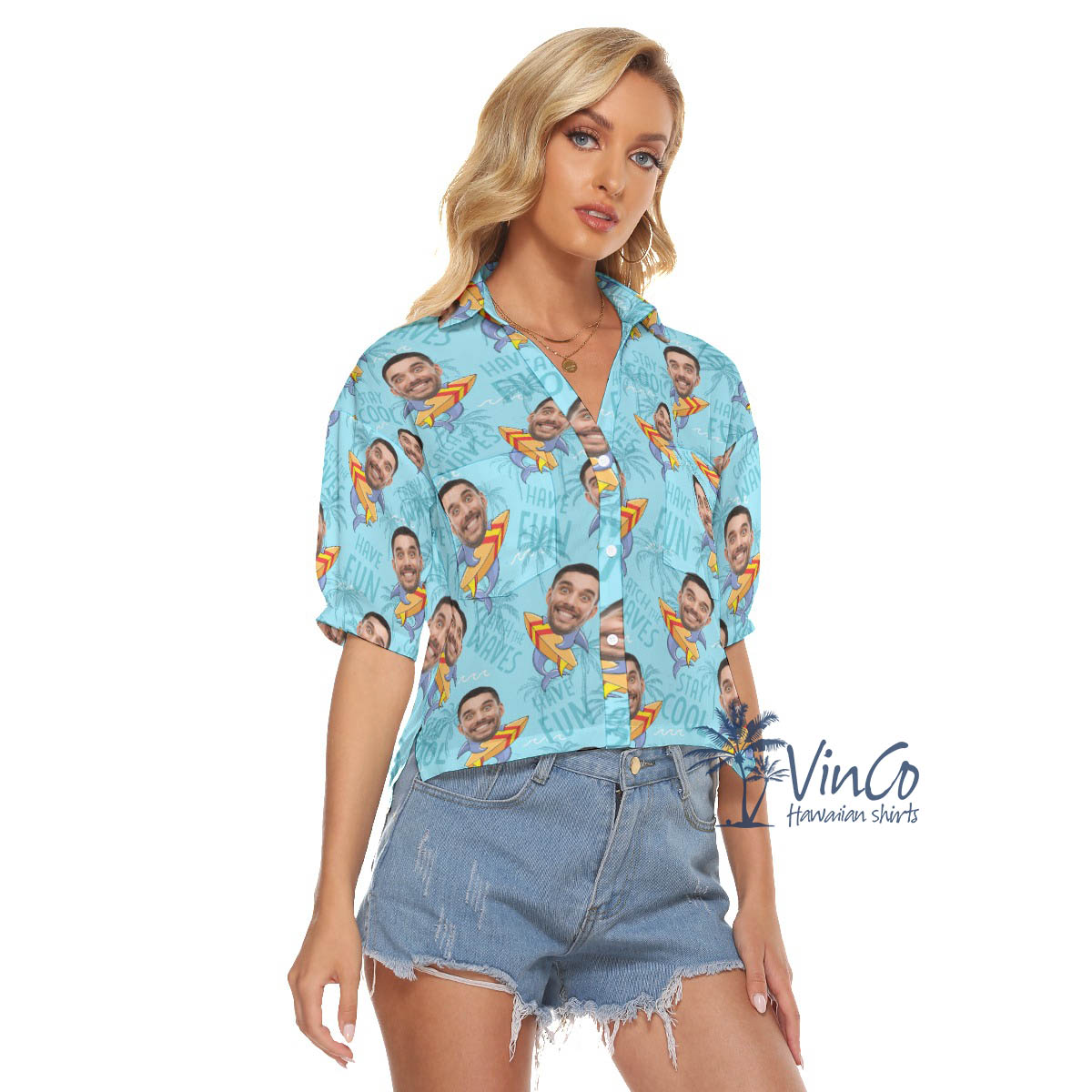 Funny Custom Shark Surfing Hawaiian Crop Top Shirt For Women With Face