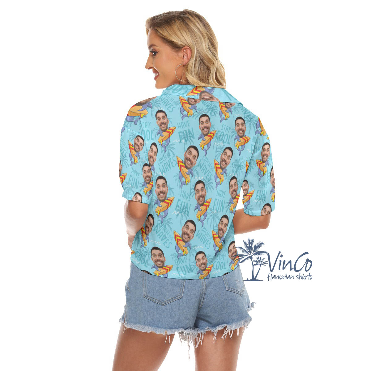 Funny Custom Shark Surfing Hawaiian Crop Top Shirt For Women With Face