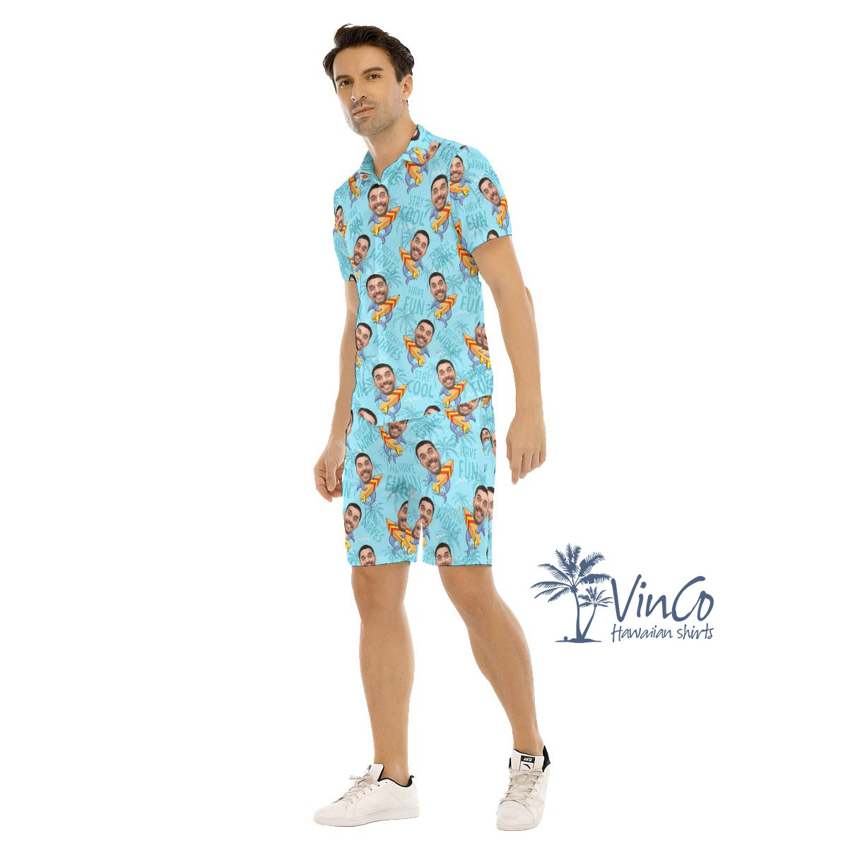 Set Custom Face Shark Surfing Hawaiian Shirt And Matching Shorts For Men