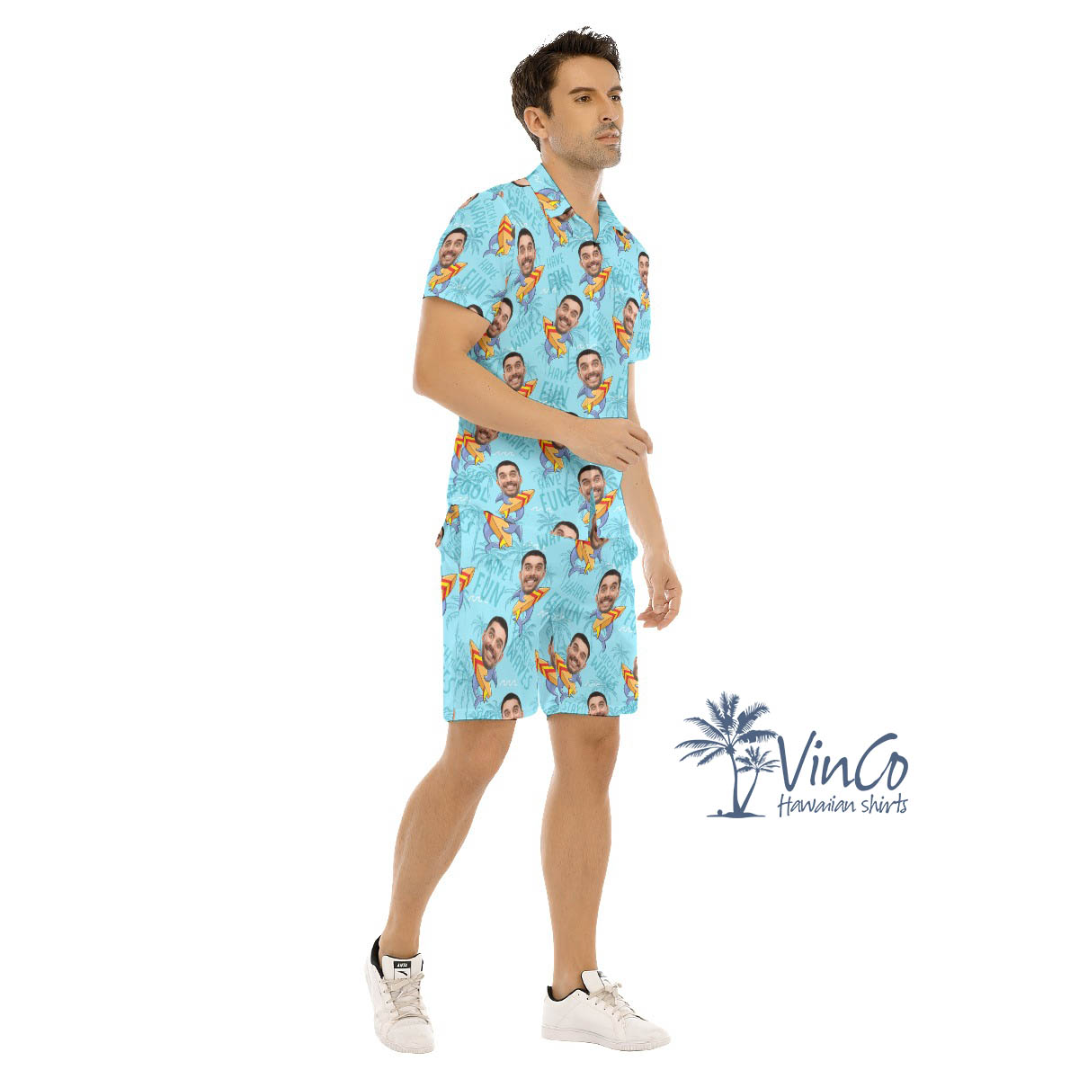 Set Custom Face Shark Surfing Hawaiian Shirt And Matching Shorts For Men