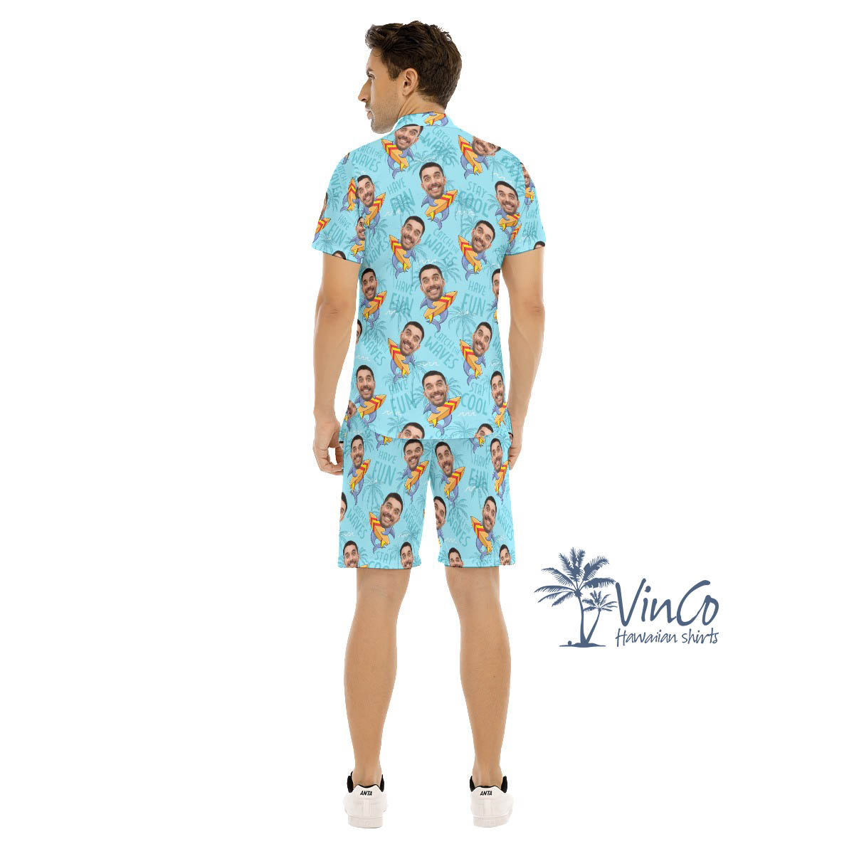 Set Custom Face Shark Surfing Hawaiian Shirt And Matching Shorts For Men