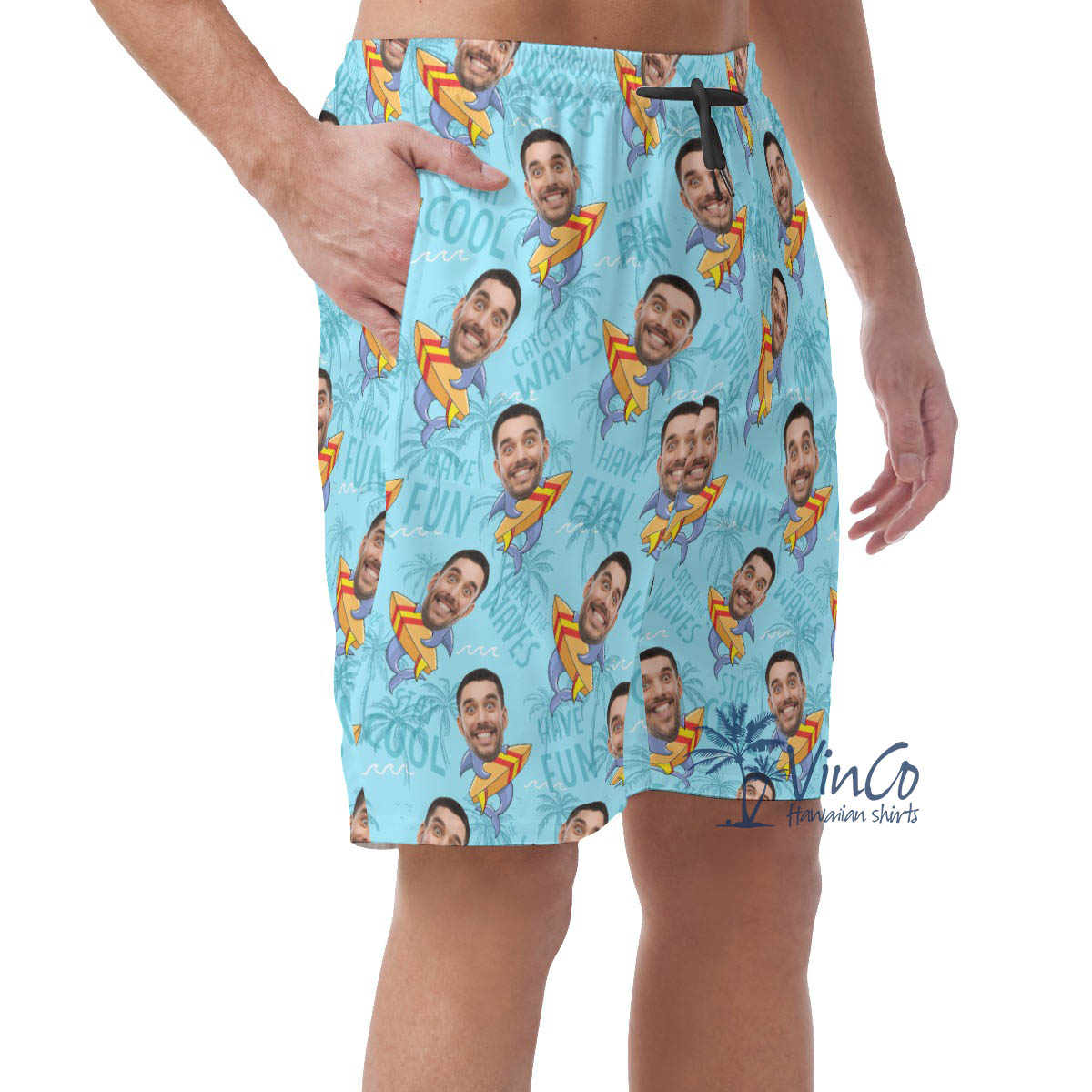 Funny Surfing Shark Custom Face Hawaiian Beach Shorts For Men