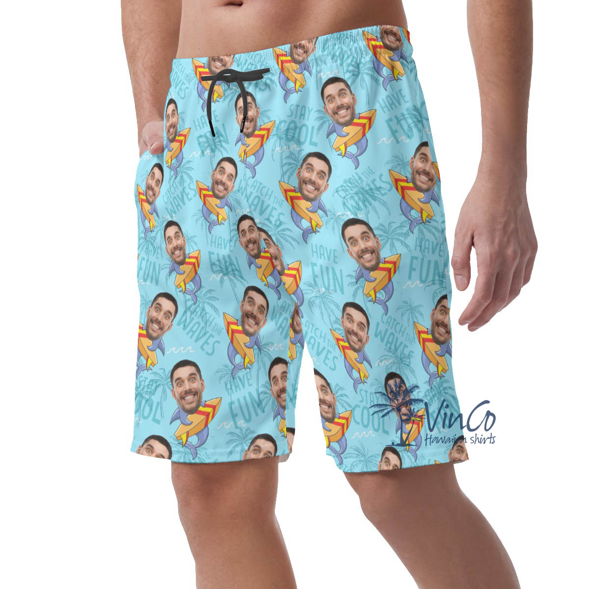 Funny Surfing Shark Custom Face Hawaiian Beach Shorts For Men