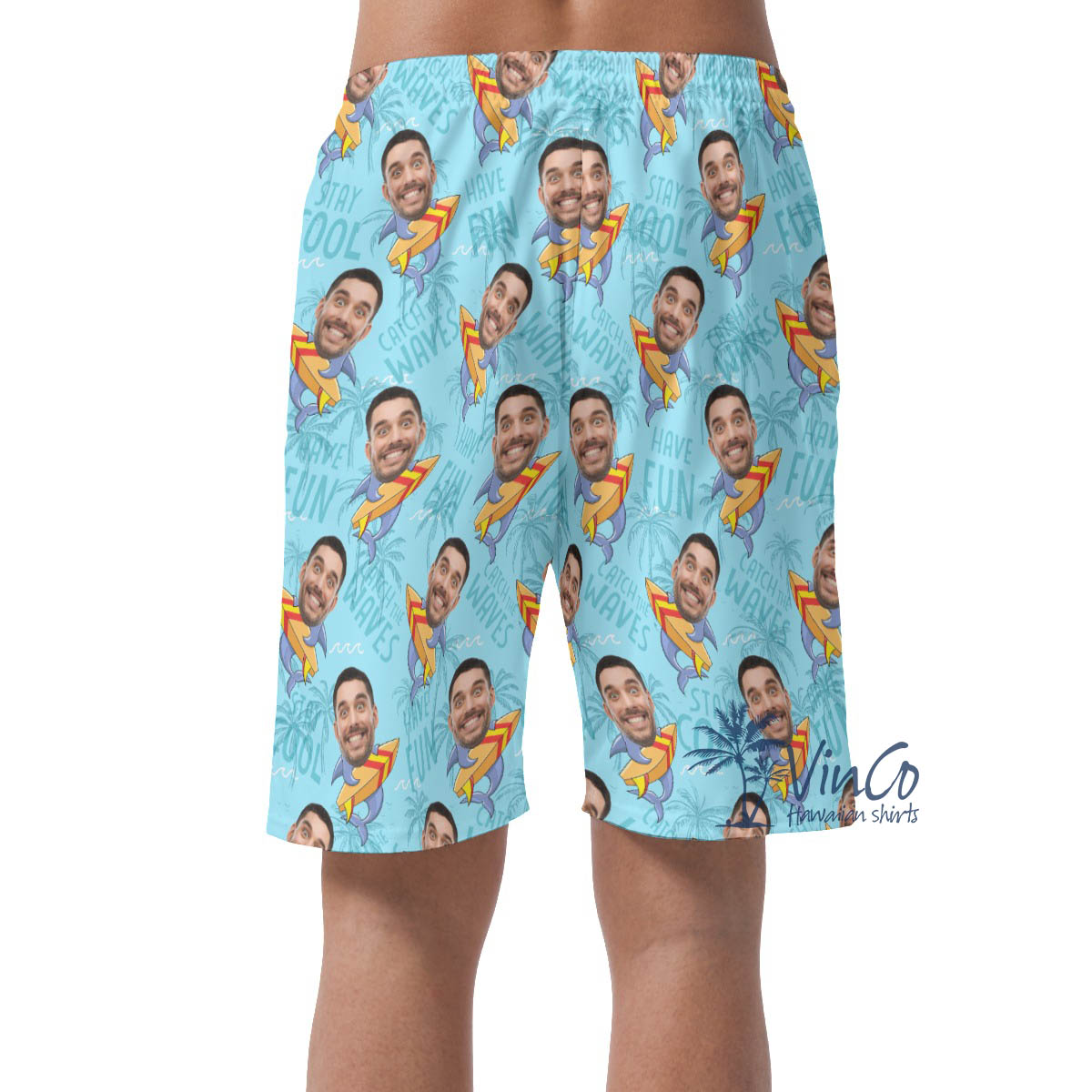 Funny Surfing Shark Custom Face Hawaiian Beach Shorts For Men