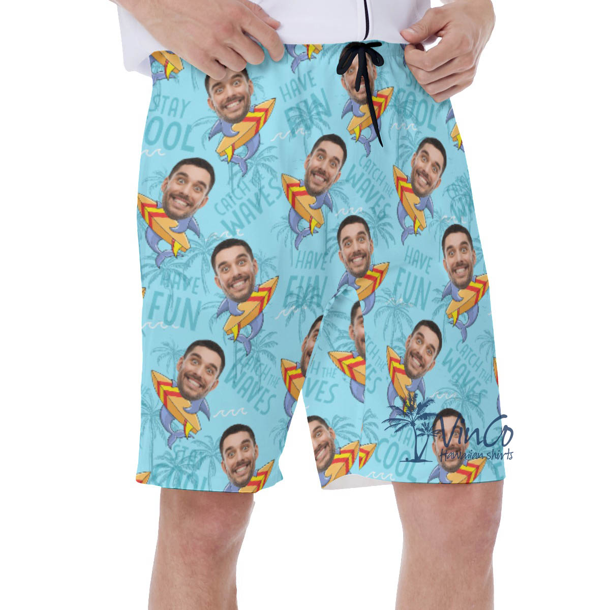 Funny Shark Surfing Custom Face Hawaiian SwimTrunks For Men