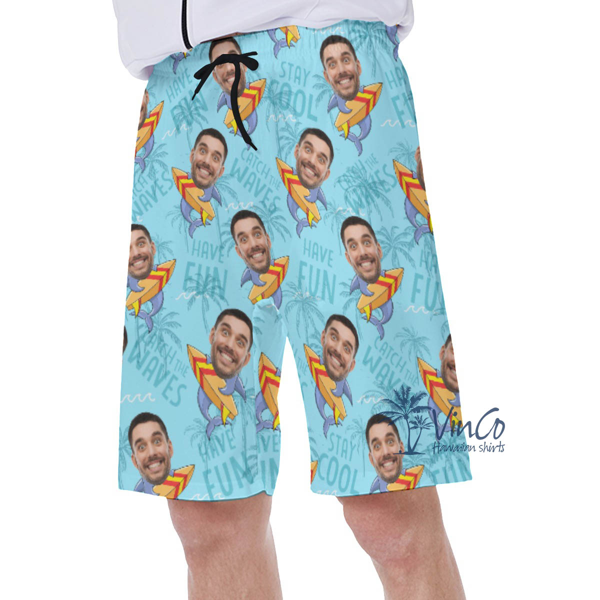 Funny Shark Surfing Custom Face Hawaiian SwimTrunks For Men