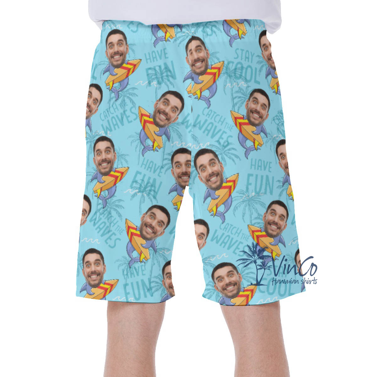 Funny Shark Surfing Custom Face Hawaiian SwimTrunks For Men