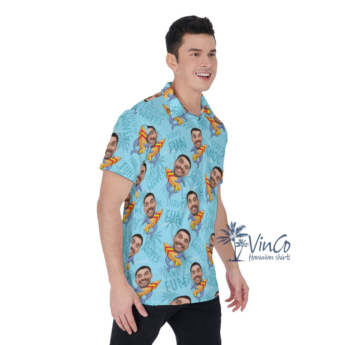 Custom Face Surfing Shark Hawaiian Polo Shirt For Men