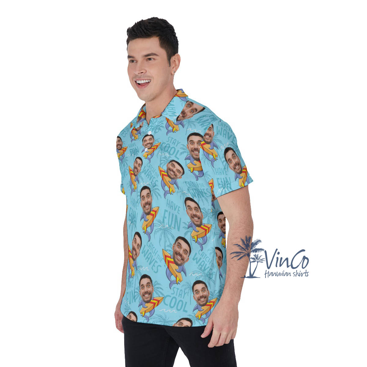 Custom Face Surfing Shark Hawaiian Polo Shirt For Men
