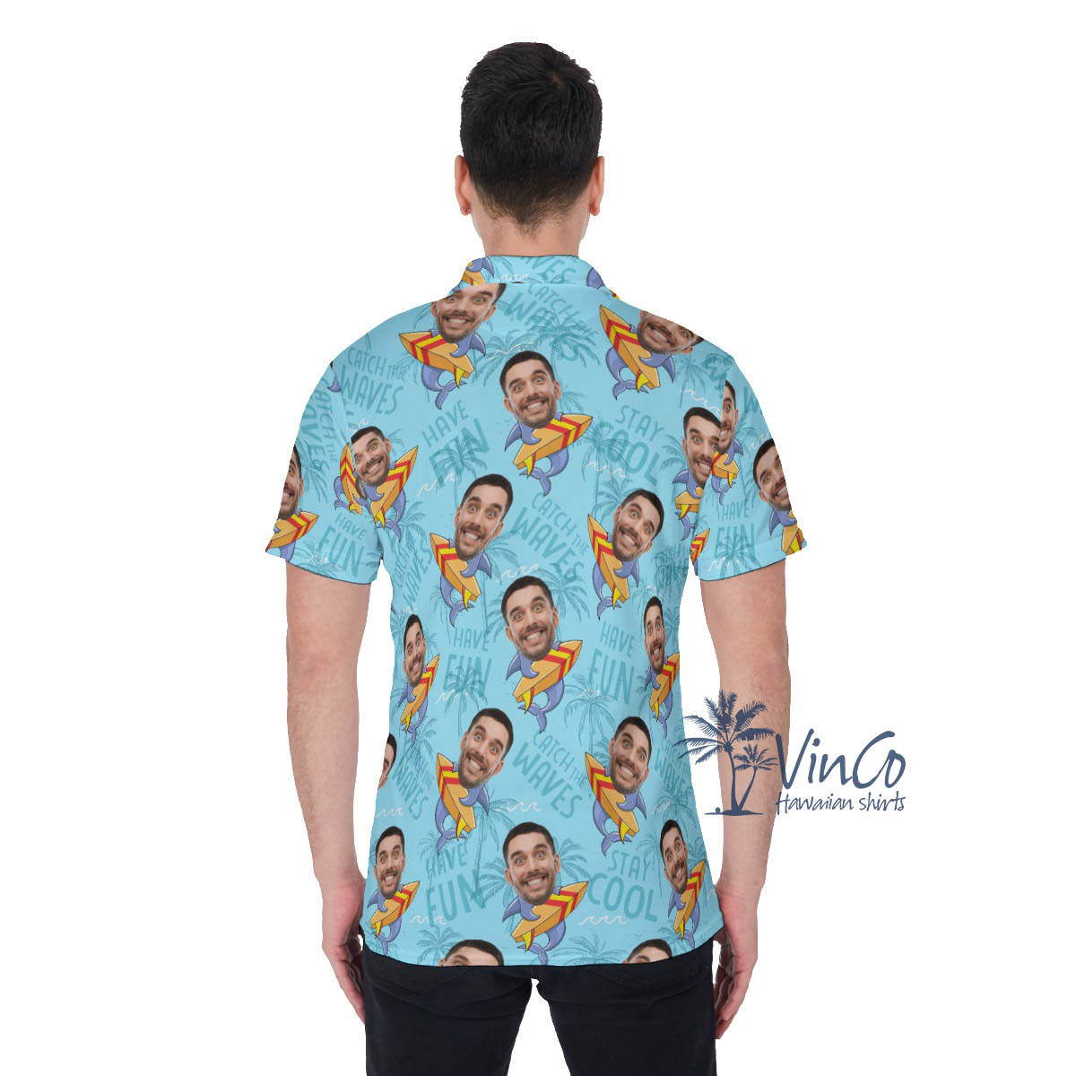 Custom Face Surfing Shark Hawaiian Polo Shirt For Men