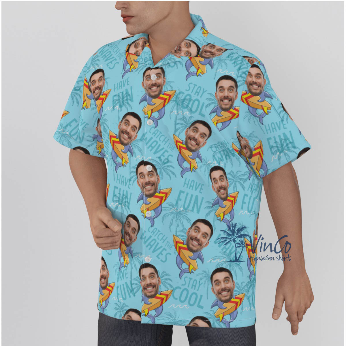 Custom Face Blue Button Up Men Shirt with Funny Shark Surfing Theme