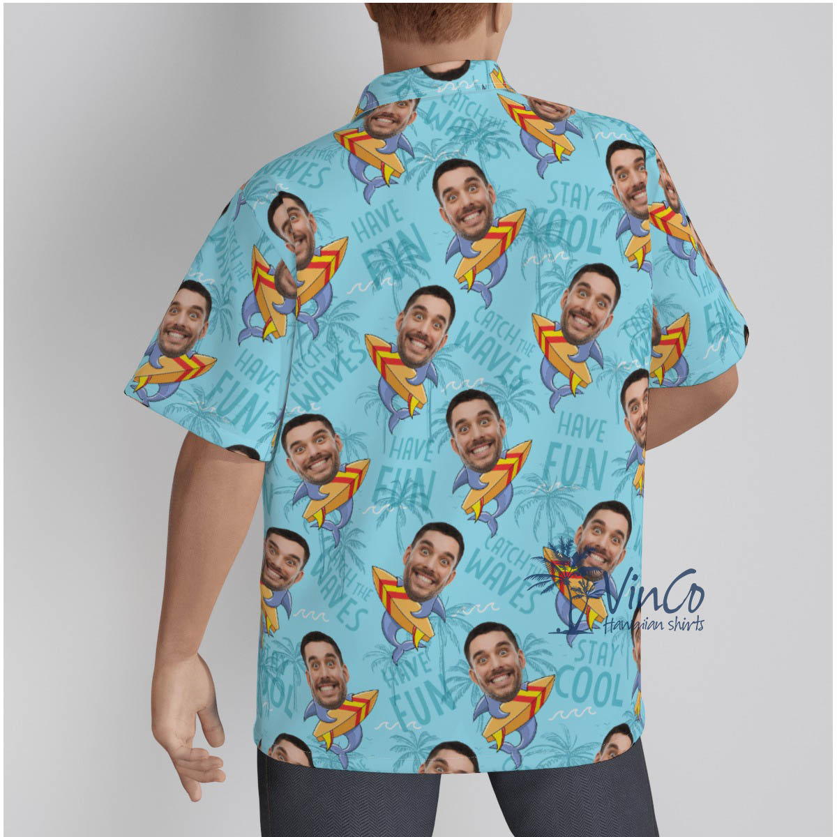 Custom Face Blue Button Up Men Shirt with Funny Shark Surfing Theme