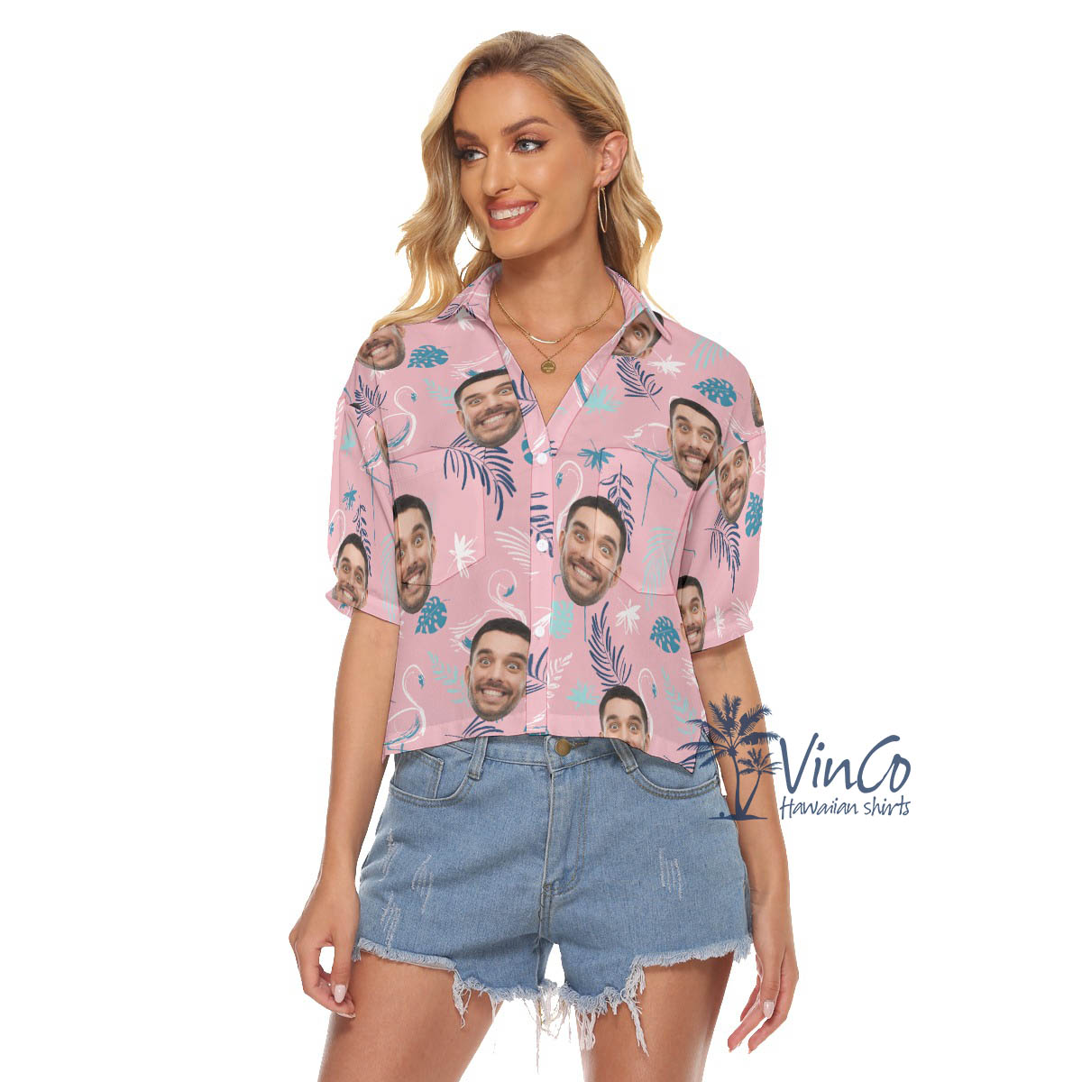 Pink Flamingo Custom Face Cropped Hawaiian Shirt For Women - variant image 1