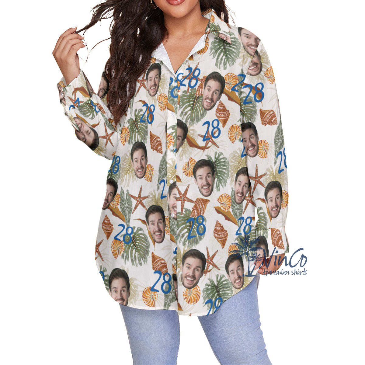 Custom Face Birthday Tropical Seashell Hawaiian Oversized Shirt For Women - variant image 1
