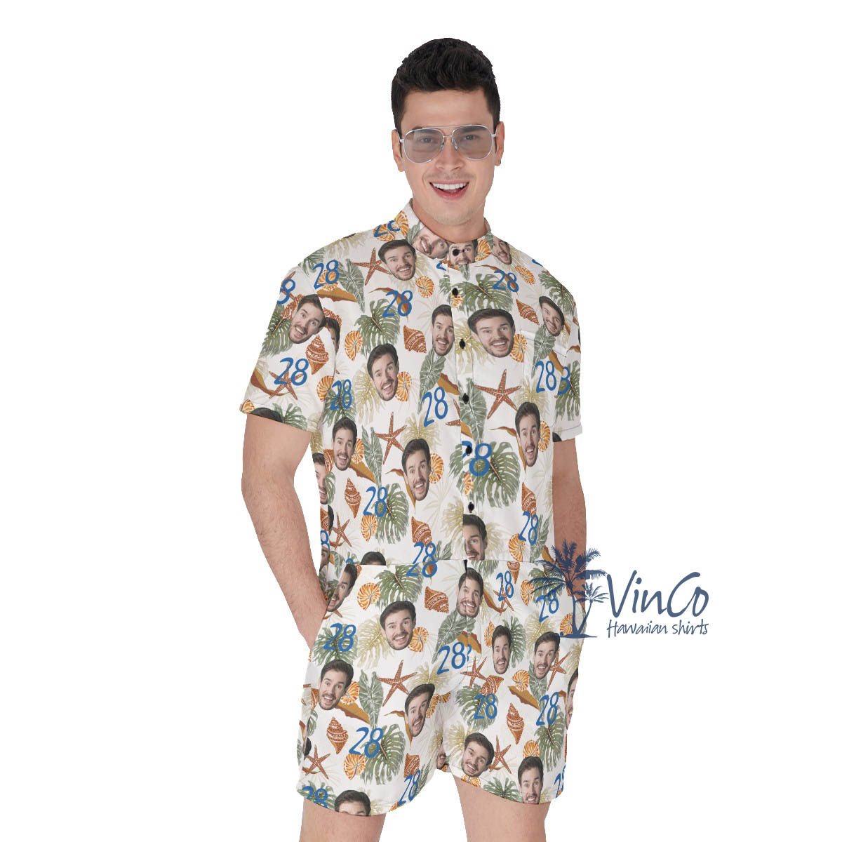 Funny Custom Face And Age Tropical Seashell Hawaiian Romper For Men - variant image 1