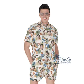 Funny Custom Face And Age Tropical Seashell Hawaiian Romper For Men