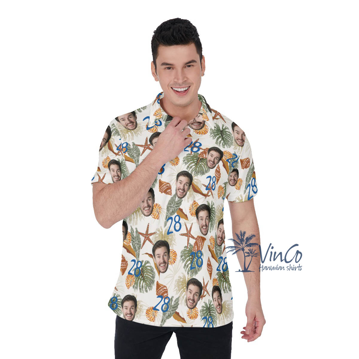 Funny Birthday Gift Custom Tropical Seashell Hawaiian Polo Shirt With Face And Age - variant image 1