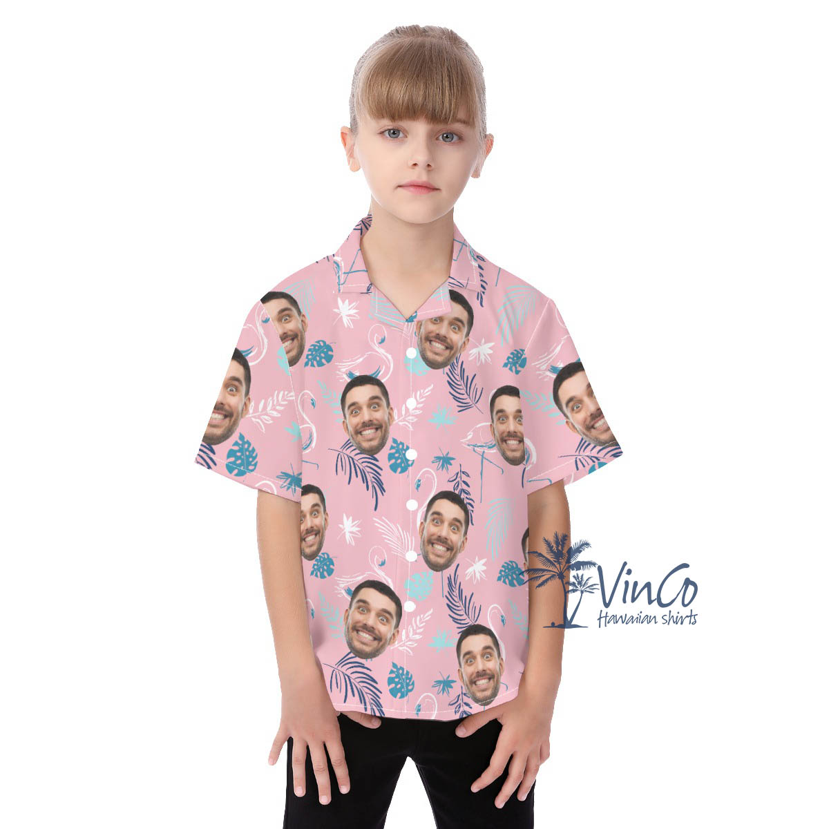 Pink Flamingo Custom Hawaiian Shirt With Faces For Kids - variant image 1