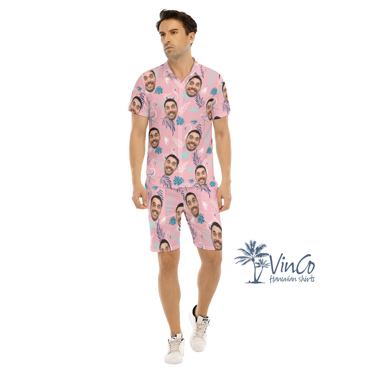 Pink Flamingo Custom Aloha Shirt Set With Faces For Men - variant image 1