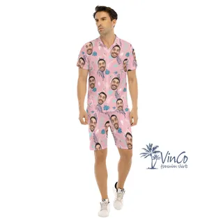 Pink Flamingo Custom Aloha Shirt Set With Faces For Men