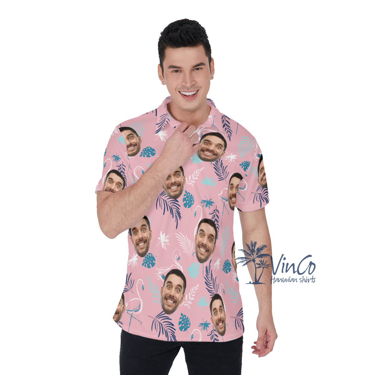 Pink Flamingo Custom Faces Hawaiian Polo Shirt For Men - variant image 1