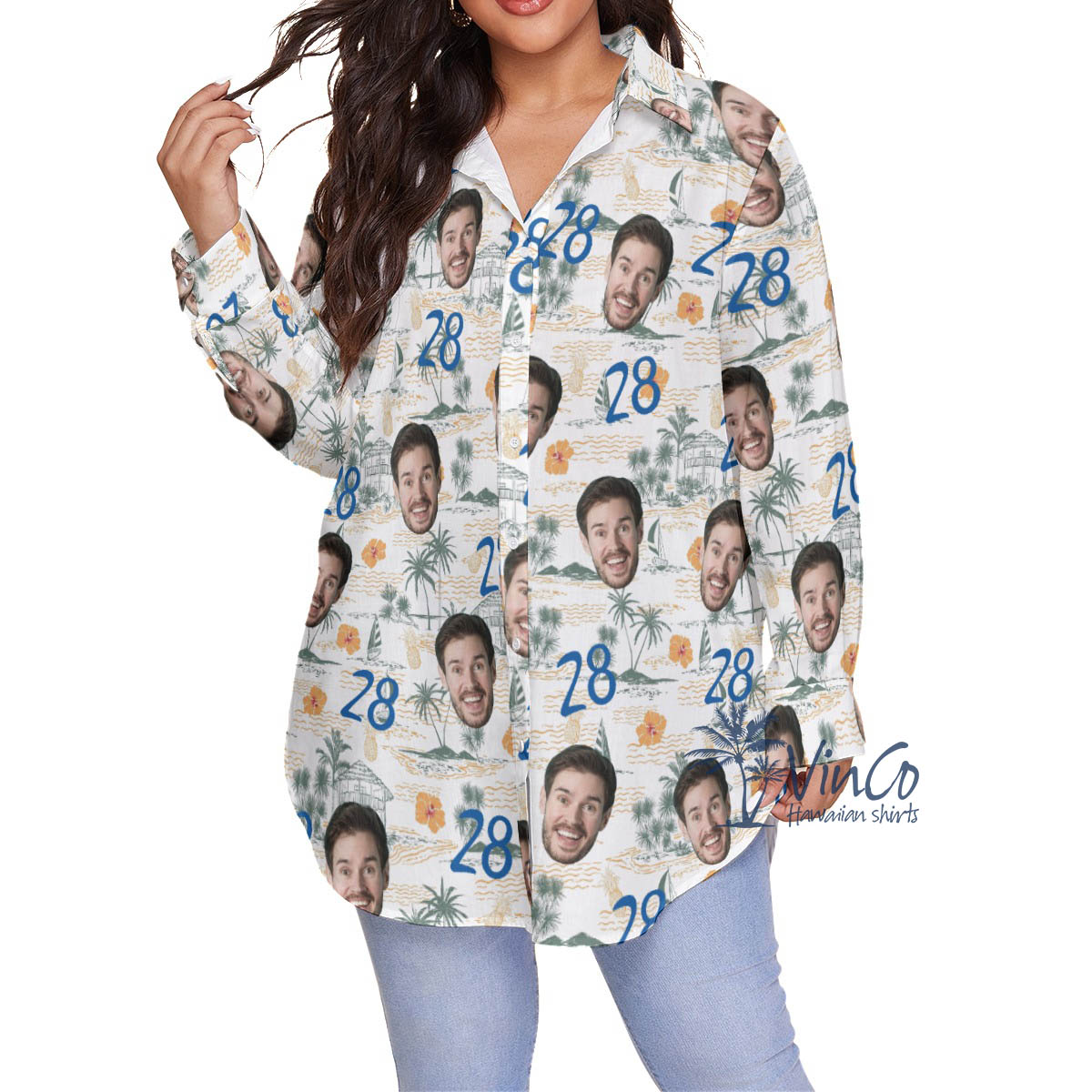 Funny Birthday Gift Tropical Palm Tree Hawaiian Plus Size Shirt With Custom Face - variant image 1