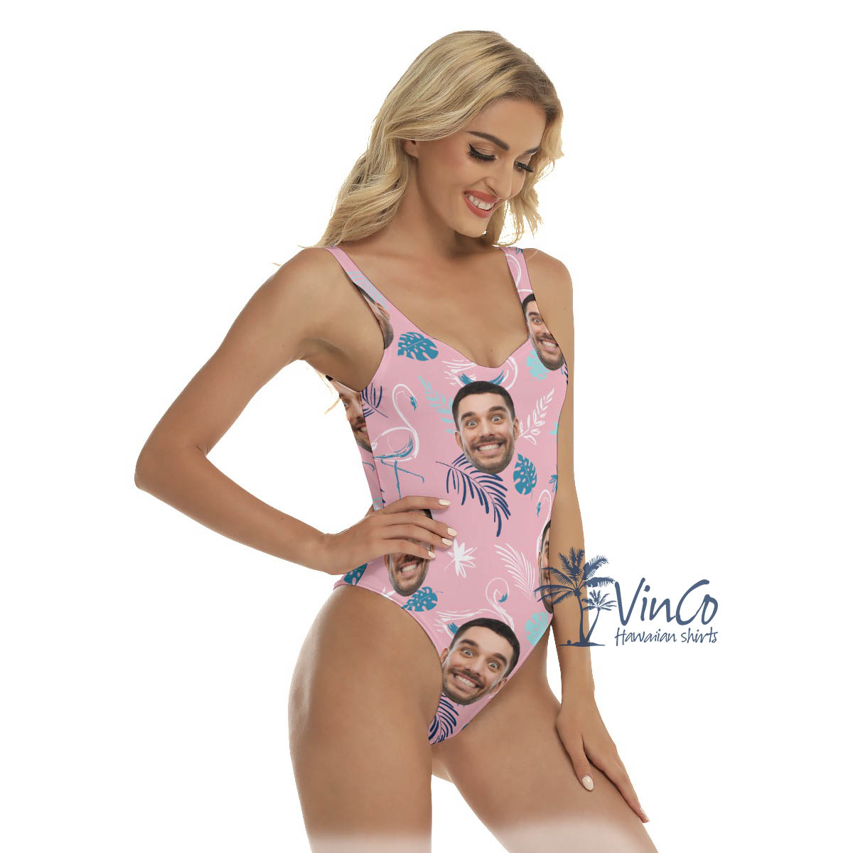 Custom Face Pink Flamingo Hawaiian Swimsuits For Women