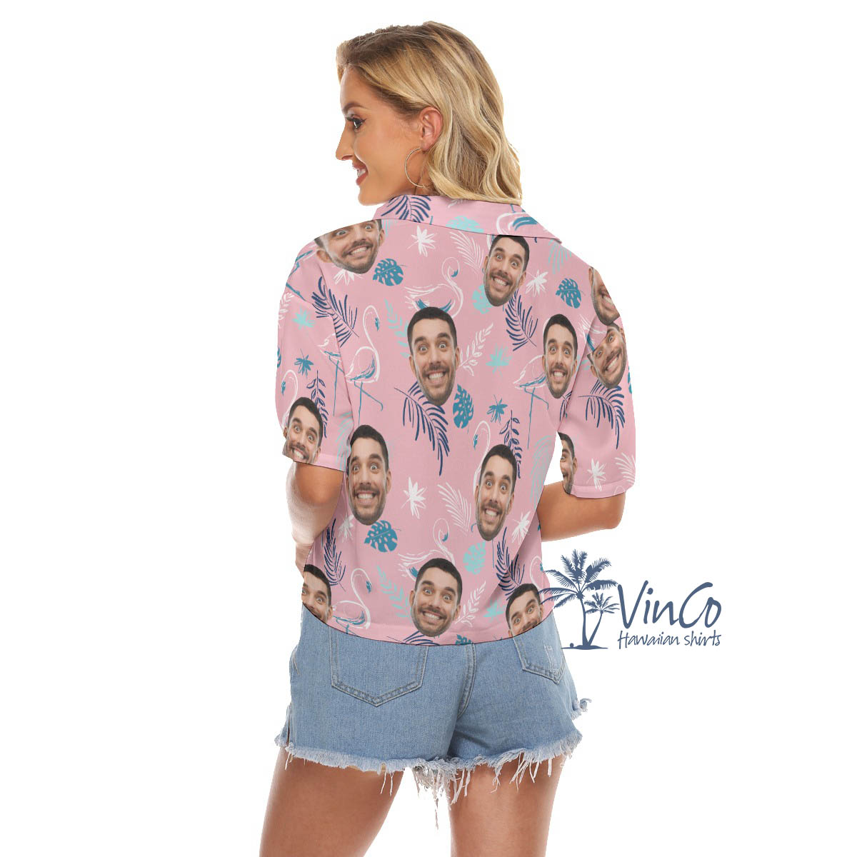 Pink Flamingo Custom Face Cropped Hawaiian Shirt For Women