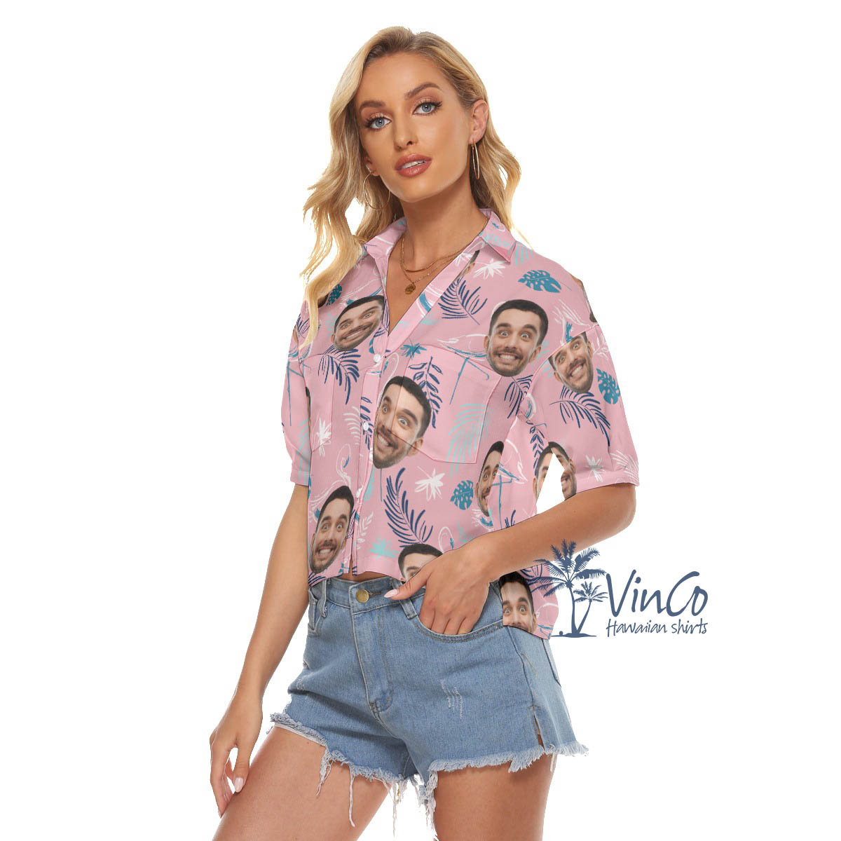 Pink Flamingo Custom Face Cropped Hawaiian Shirt For Women