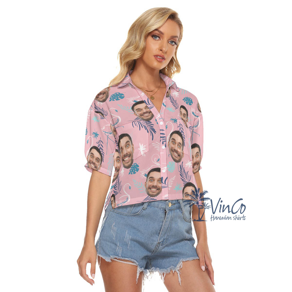 Pink Flamingo Custom Face Cropped Hawaiian Shirt For Women