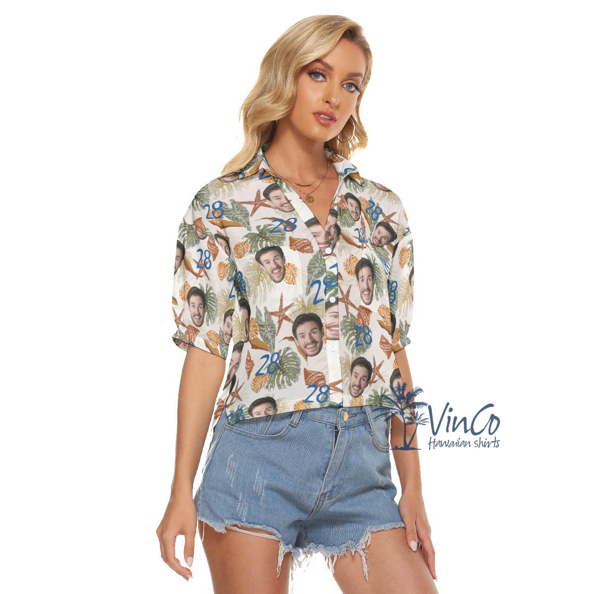 Tropical Seashell Birthday Hawaiian Crop Top Shirt With Custom Face And Age