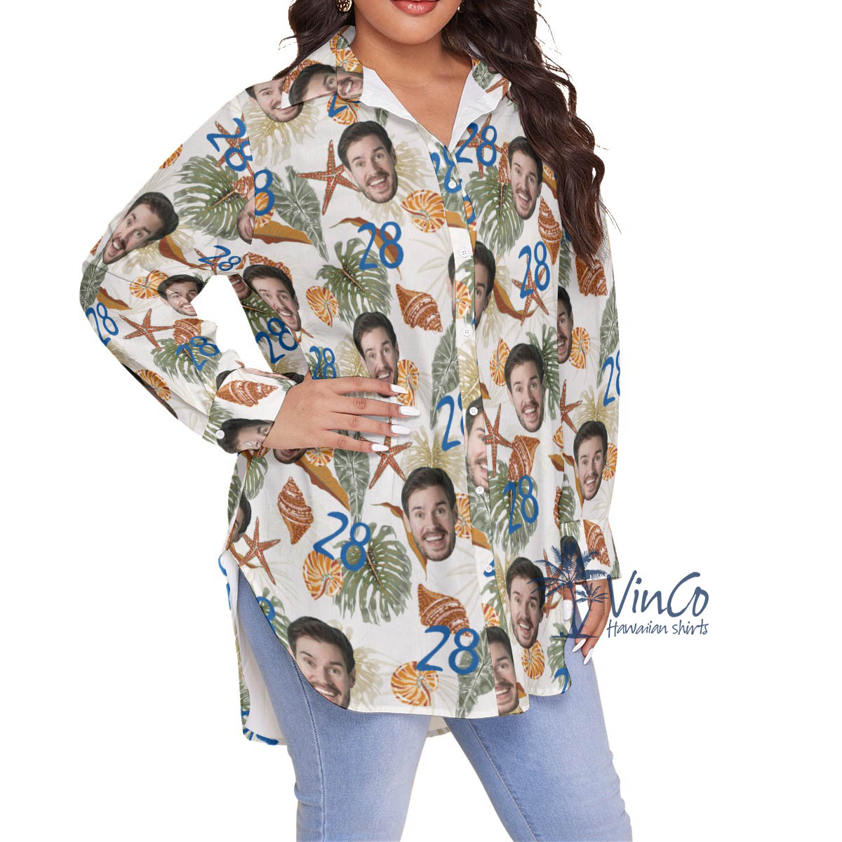 Custom Face Birthday Tropical Seashell Hawaiian Oversized Shirt For Women