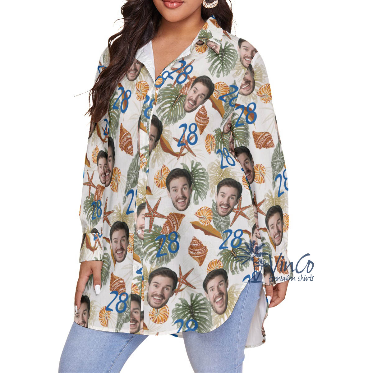 Custom Face Birthday Tropical Seashell Hawaiian Oversized Shirt For Women