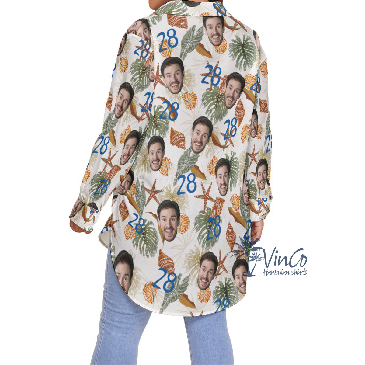 Custom Face Birthday Tropical Seashell Hawaiian Oversized Shirt For Women