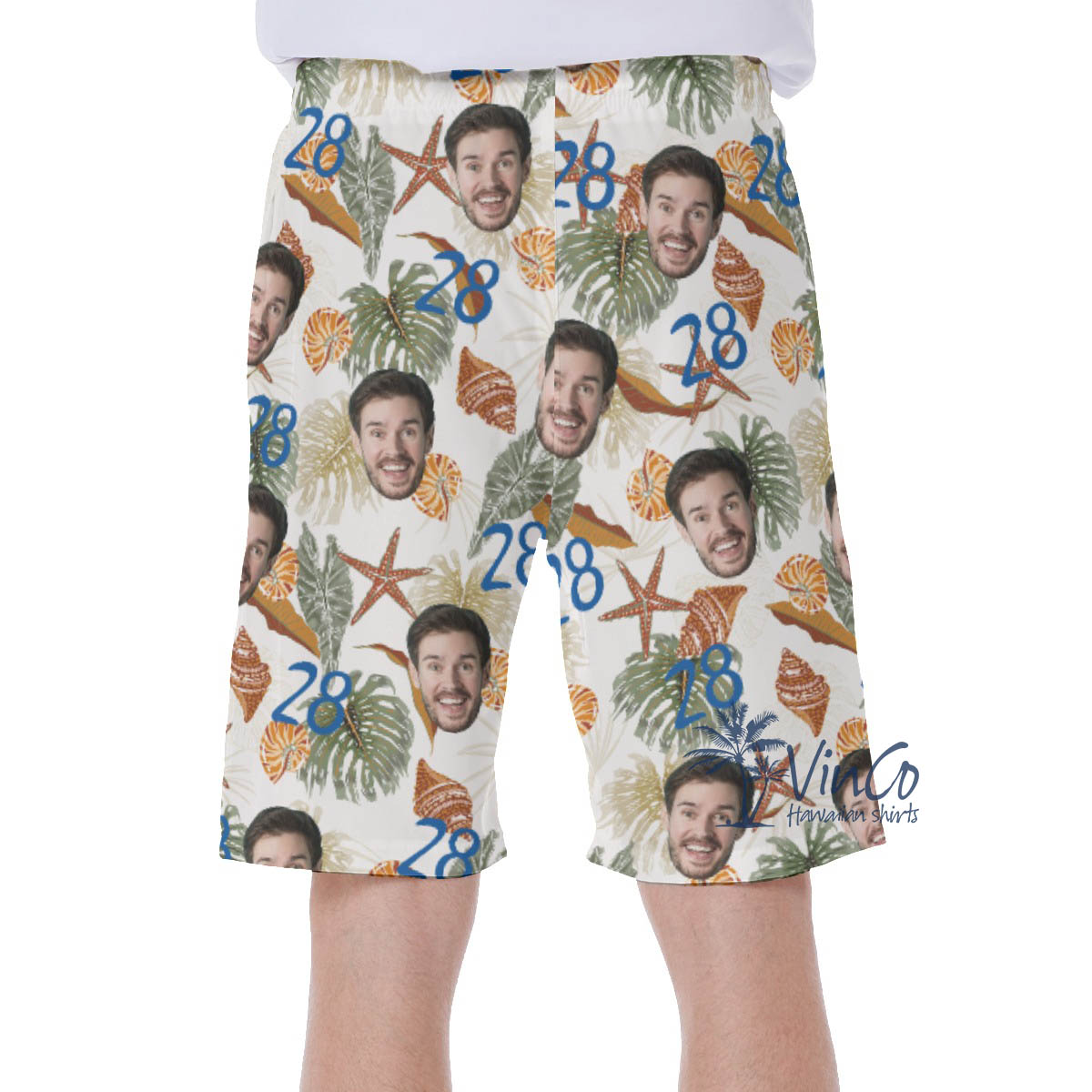 Custom Face Birthday Tropical Seashell Hawaiian Swim Trunks For Men