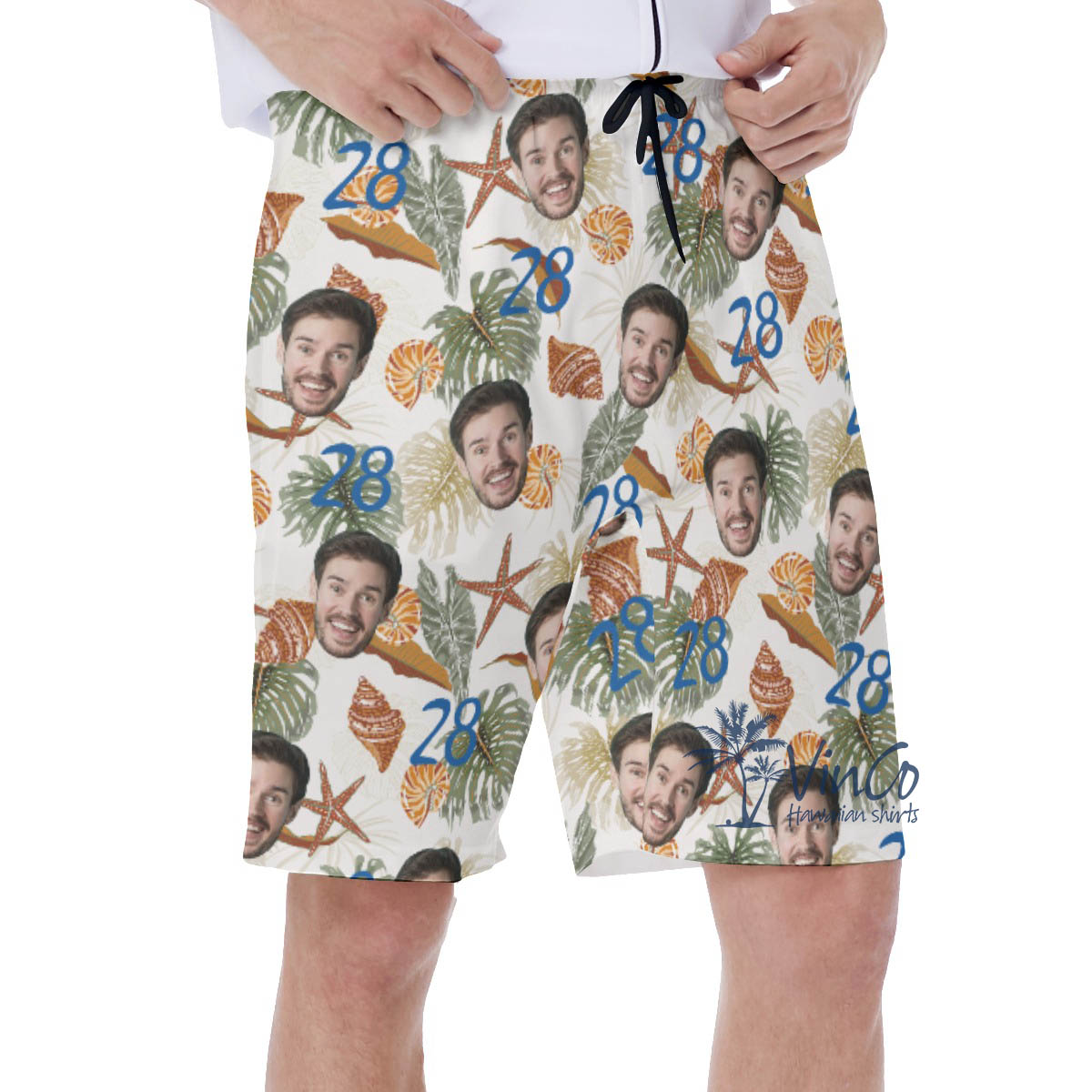 Custom Face Birthday Tropical Seashell Hawaiian Swim Trunks For Men