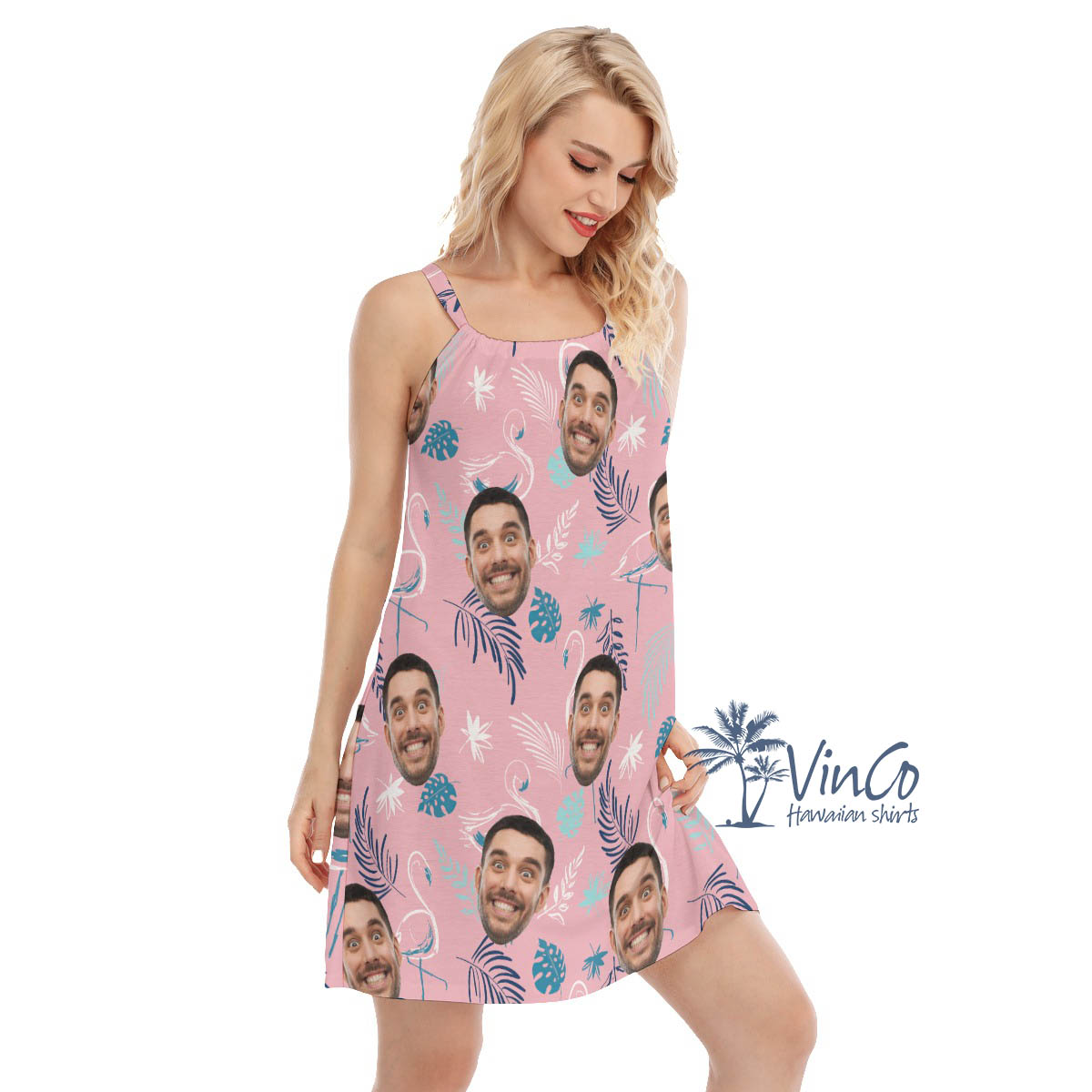 Custom Face Pink Flamingo Aloha Dress For Vacation