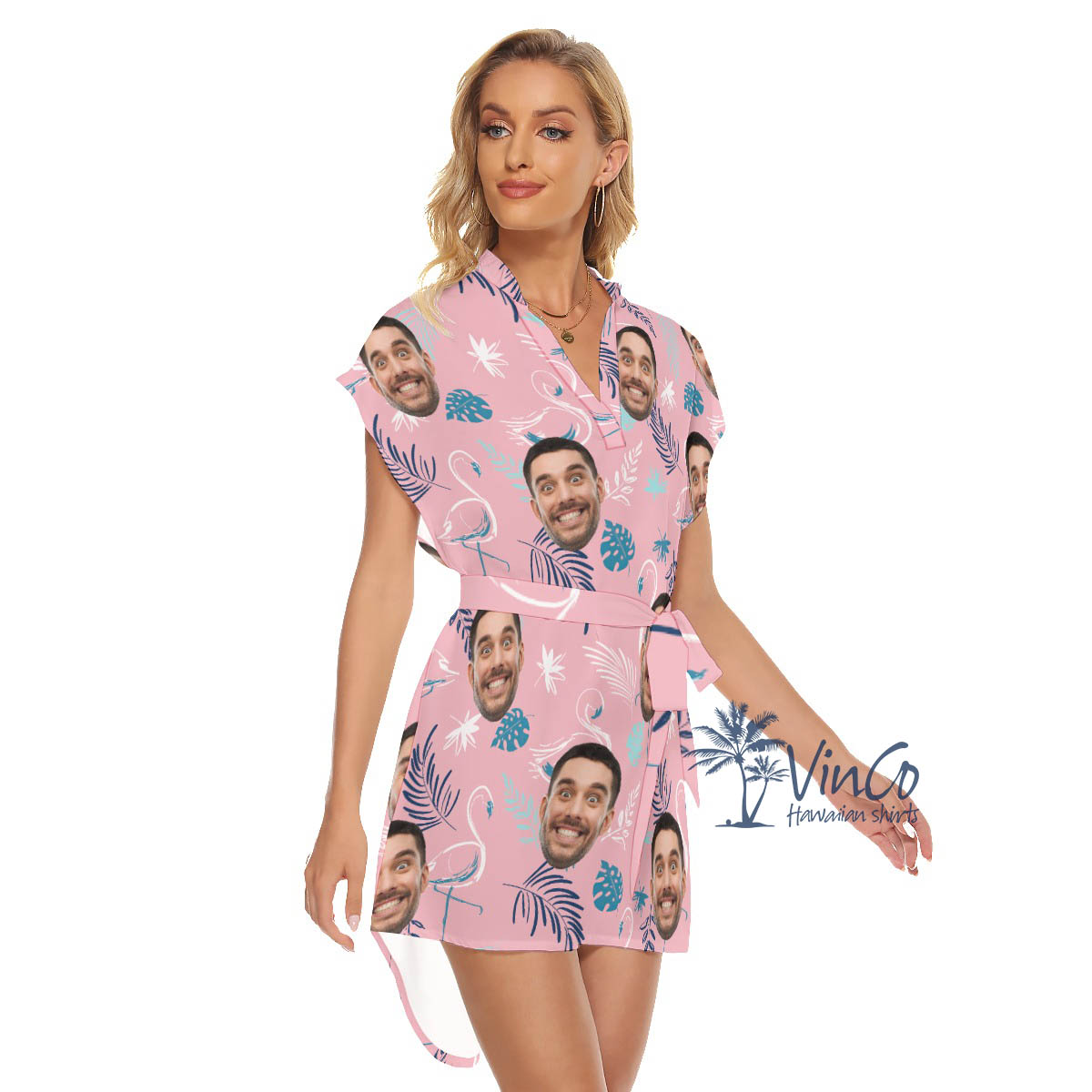 Pink Flamingo Custom Face Hawaiian Dress With Faces For Summer
