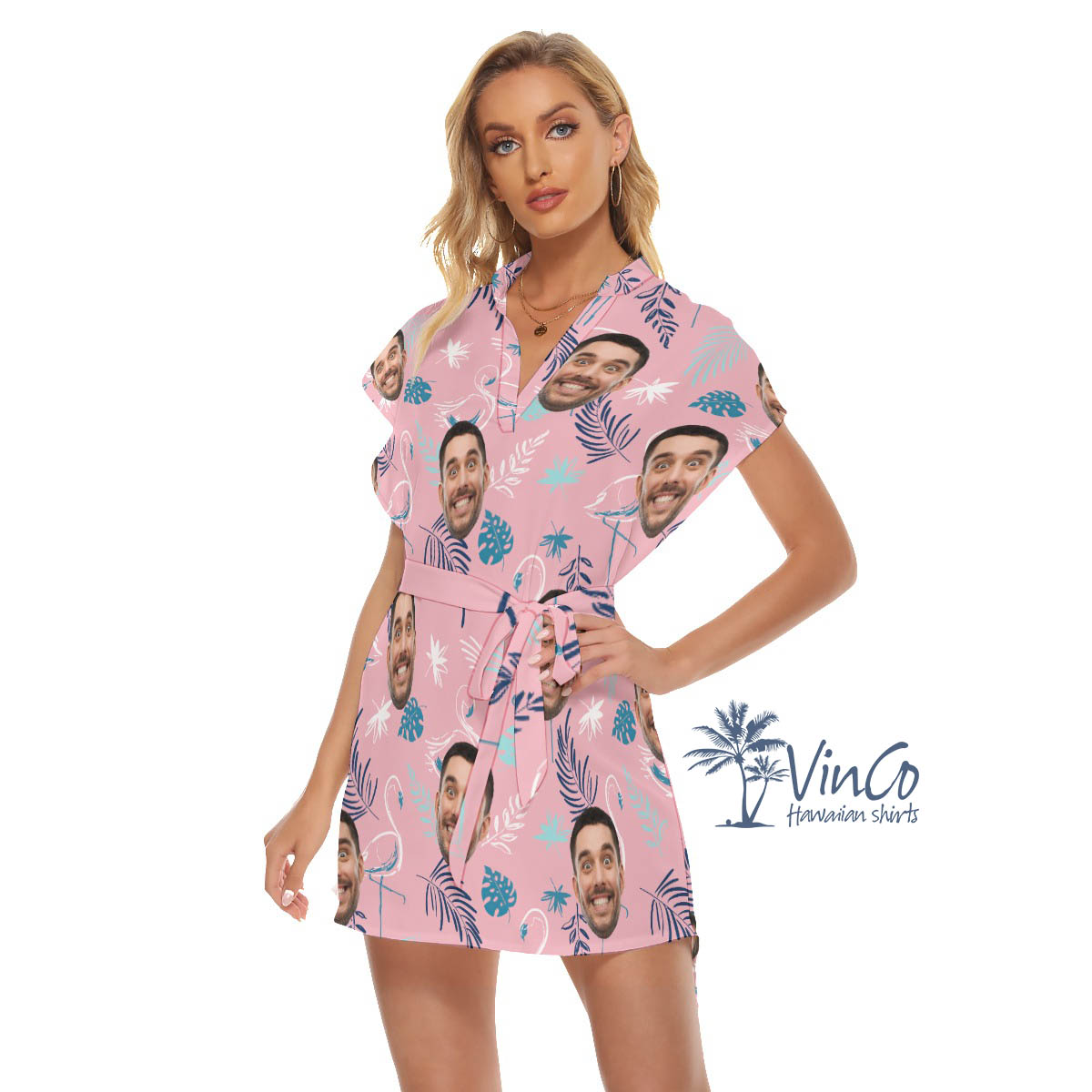 Pink Flamingo Custom Face Hawaiian Dress With Faces For Summer