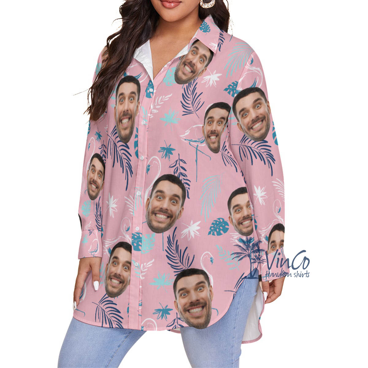 Custom Pink Flamingo Plus Size Hawaiian Shirt With Face For Women