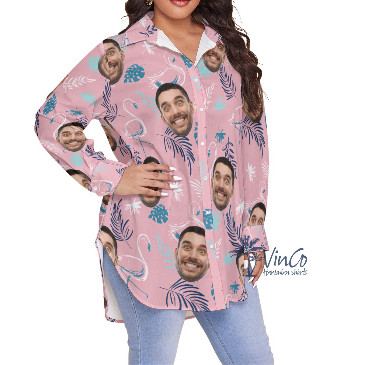 Custom Pink Flamingo Plus Size Hawaiian Shirt With Face For Women