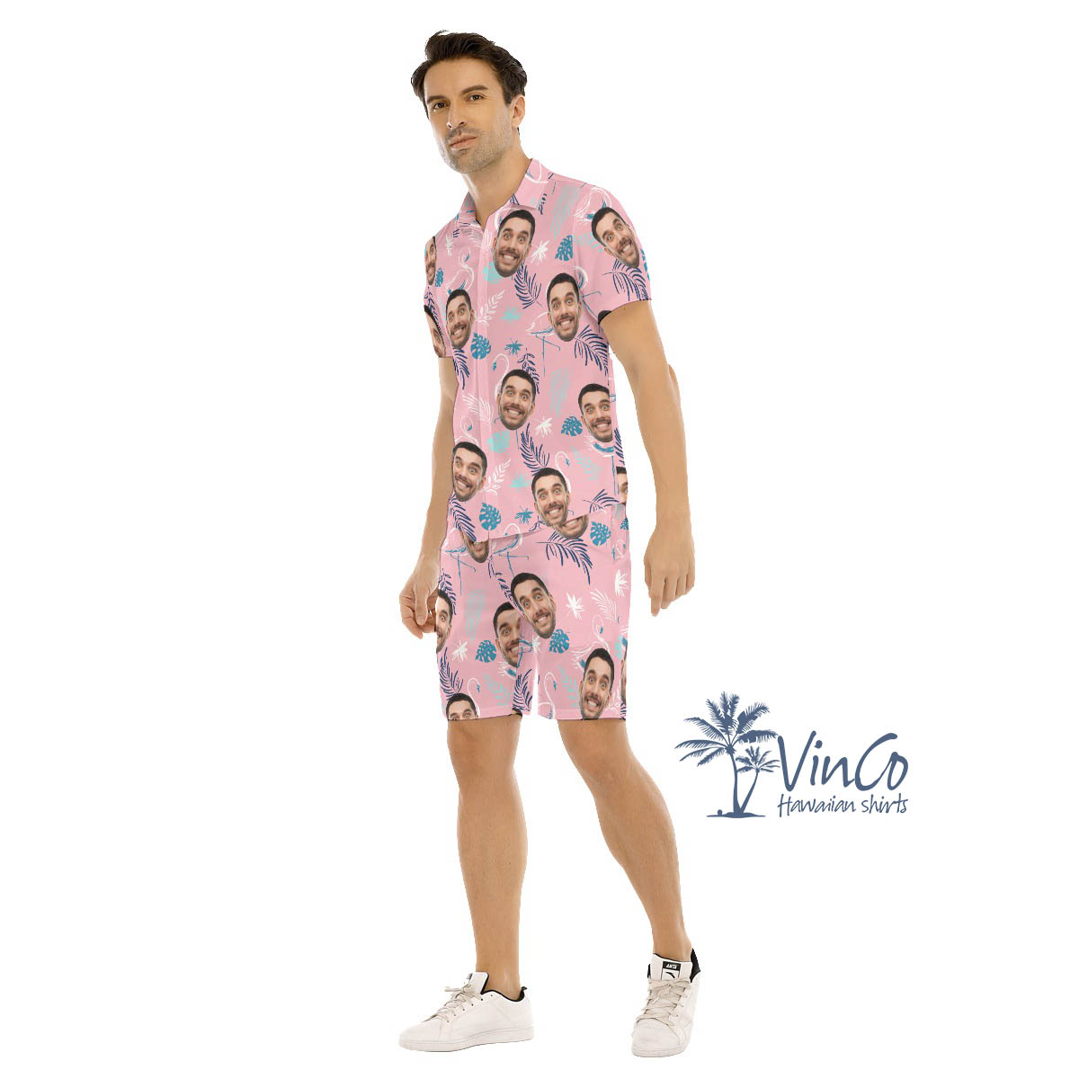 Pink Flamingo Custom Aloha Shirt Set With Faces For Men