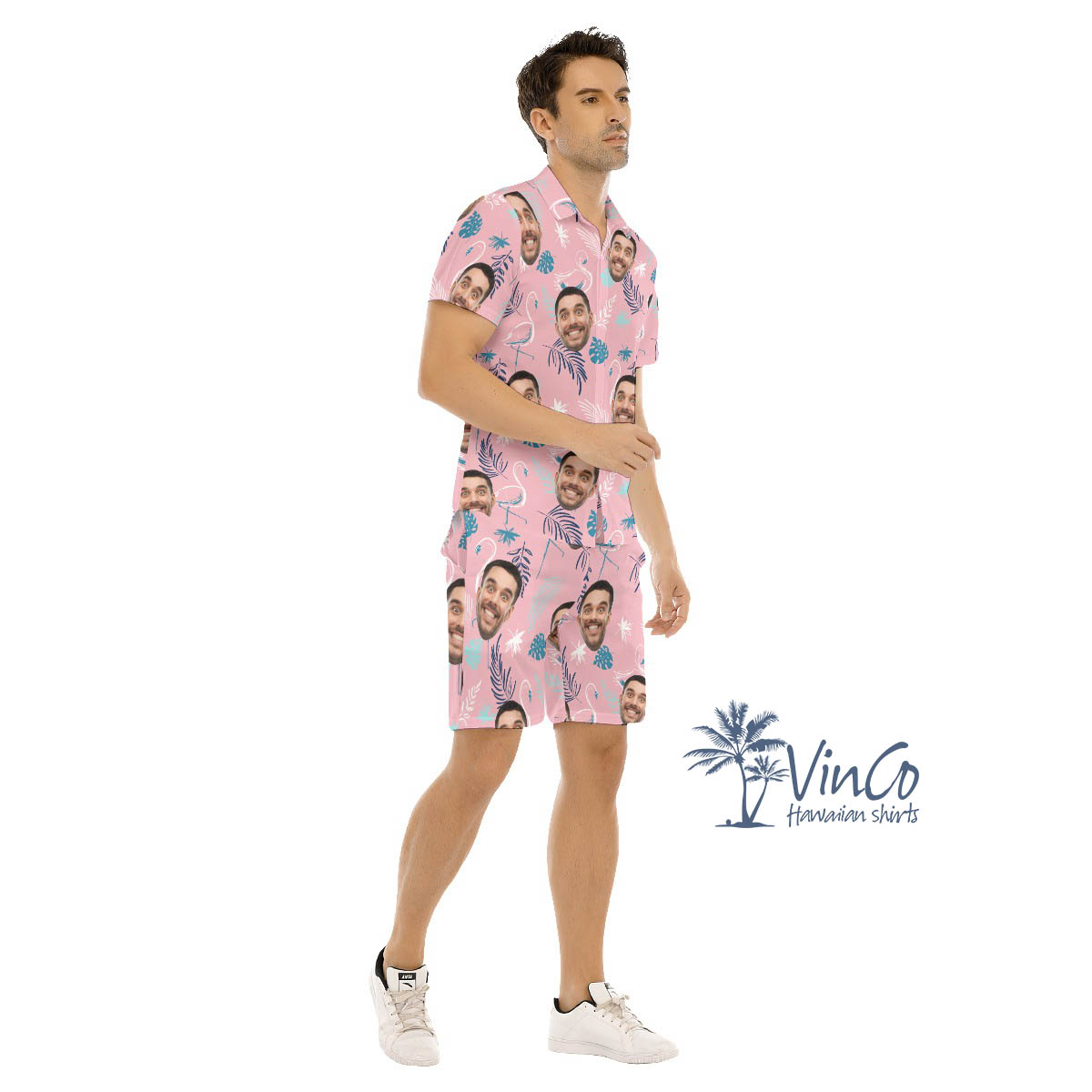 Pink Flamingo Custom Aloha Shirt Set With Faces For Men