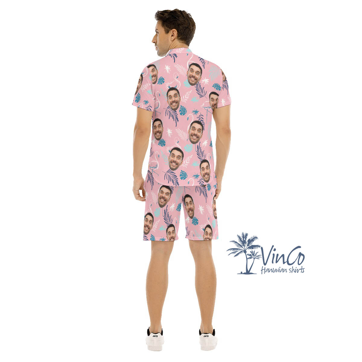 Pink Flamingo Custom Aloha Shirt Set With Faces For Men