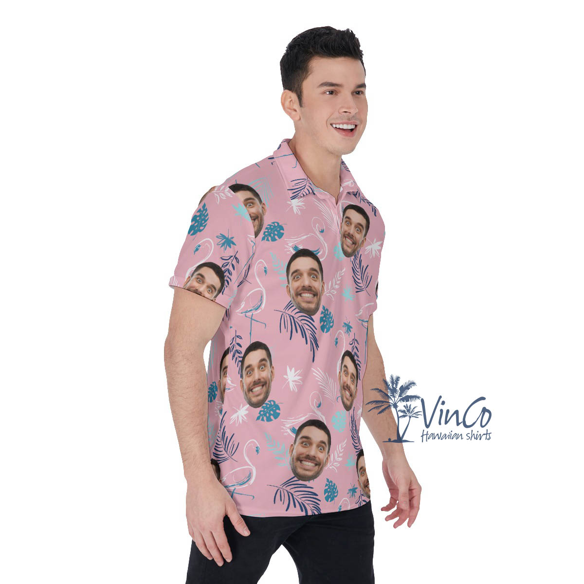 Pink Flamingo Custom Faces Hawaiian Polo Shirt For Men