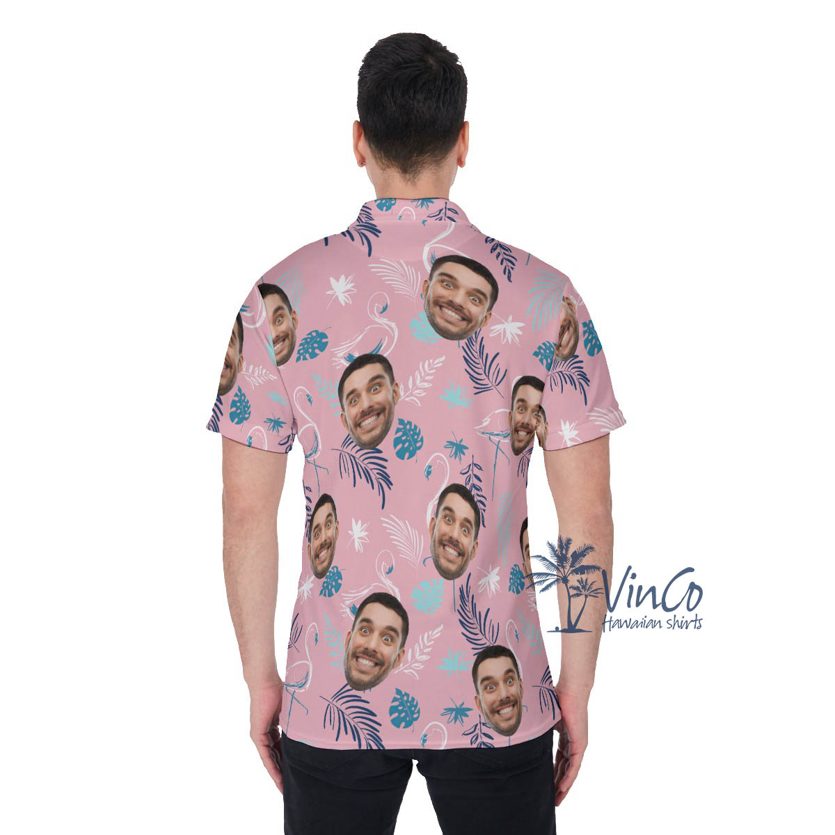 Pink Flamingo Custom Faces Hawaiian Polo Shirt For Men