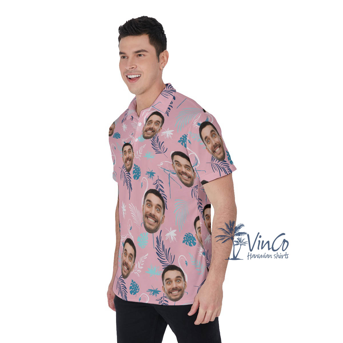 Pink Flamingo Custom Faces Hawaiian Polo Shirt For Men