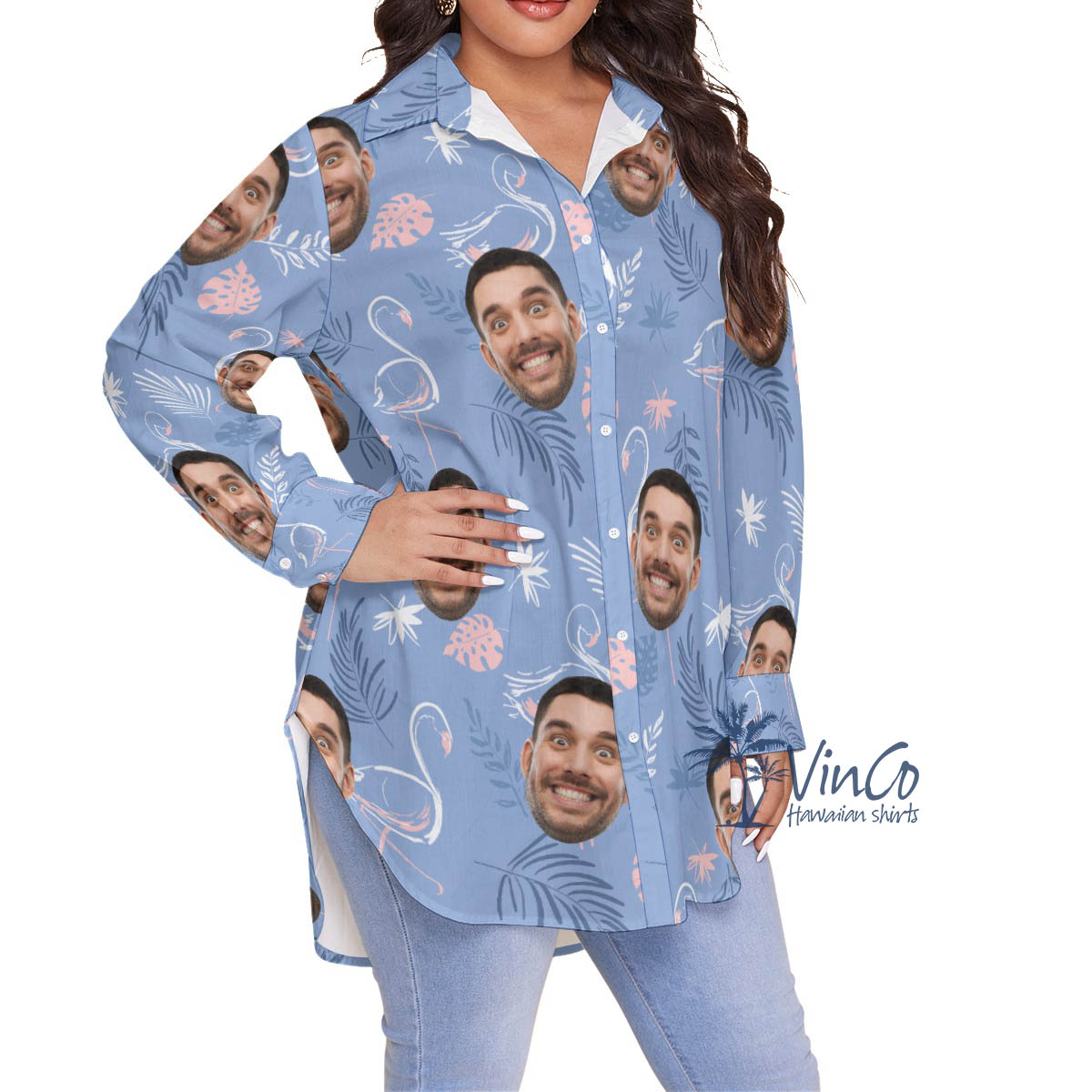 Flamingo Custom Plus Size Hawaiian Shirt For Women With Faces