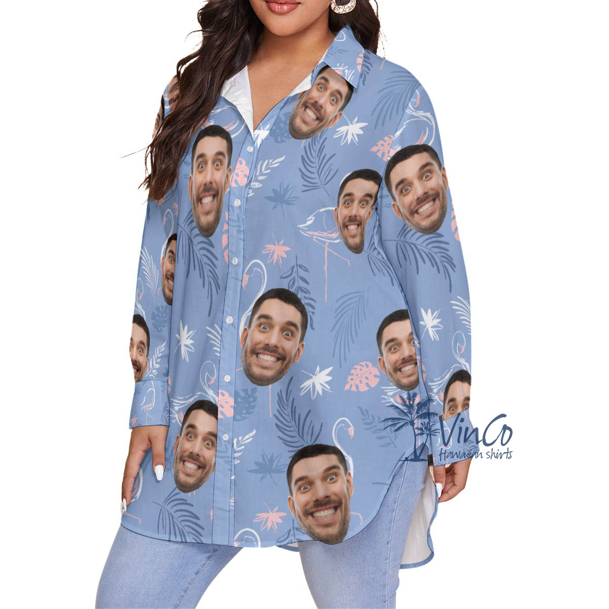 Flamingo Custom Plus Size Hawaiian Shirt For Women With Faces